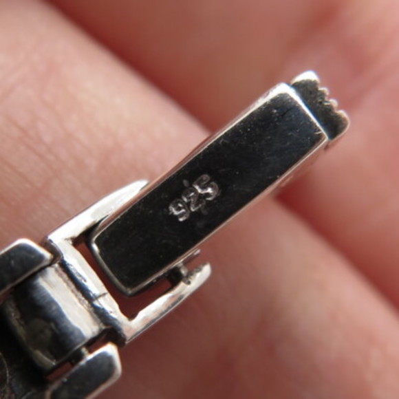 925 Sterling Silver Vintage Real MOP & Marcasite Star Oxidized Panel Bracelet 7